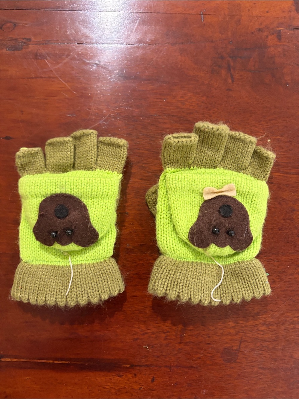 Kids Green and Brown Convertible Mittens with Puppy Applique